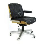 A Giroflex bentwood and black button upholstered office chair on a five star swivel base