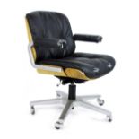 A Giroflex bentwood and black button upholstered office chair on a five star swivel base