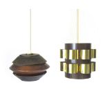 A 1970's brown enamelled and brass coloured ceiling light with flowerhead-type rings,