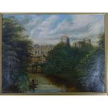19th Century School, a study of Warwick Castle, a fishing boat in the foreground, oil on canvas,