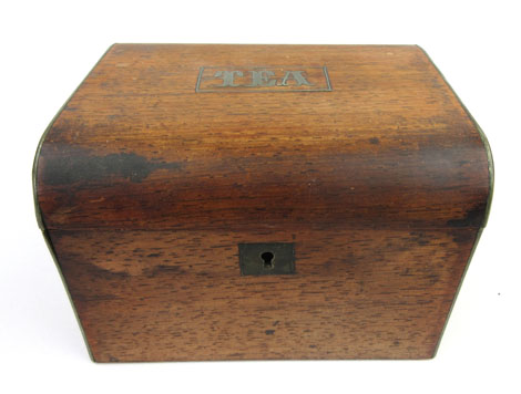 A mid 19th century rosewood and brass strung tea caddy with brass inlaid 'TEA' lozenge to top and