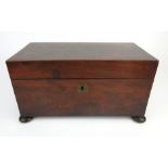 A Regency mahogany tea caddy with two tea compartments and later mixing bowl on squat bun feet, h.