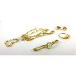 A 14ct yellow gold elongated link necklace suspending five small baroque pearls,