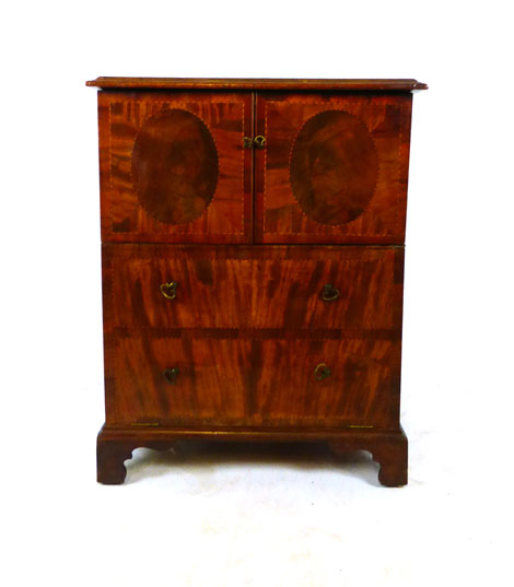 A late 18th century mahogany, marquetry and herring bone strung cabinet,