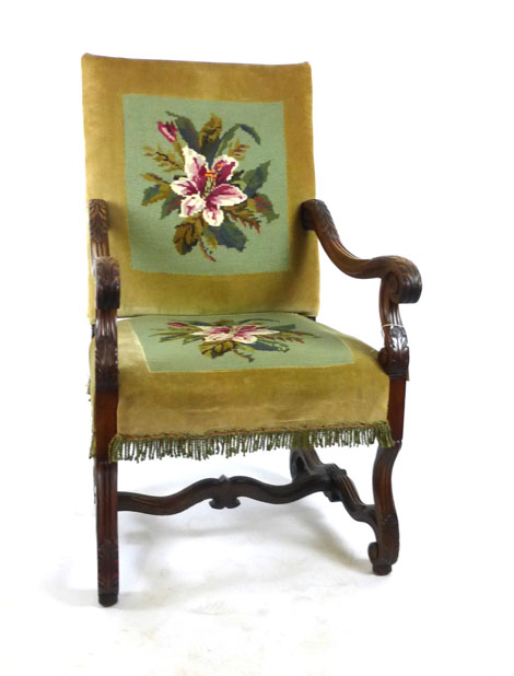 A Victorian walnut Italian style open arm chair with floral needle work upholstery and acanthus - Image 2 of 7