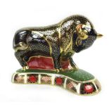 A cased Royal Crown Derby paperweight modelled as a Grecian bull, with gold stopper, h. 14.