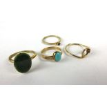 Four 9ct yellow gold dress rings of varying styles and sizes, hallmarked for 'EK' Birmingham,