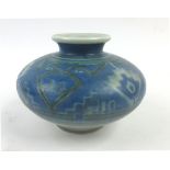 A 1930's Royal Lancastrian vase, the squat body decorated with blue geometric shapes, h.