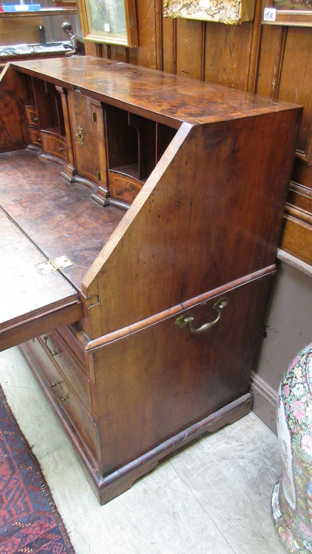 An early 18th century walnut herringbone line inlaid and crossbanded bureau, - Image 11 of 13