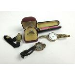 Two part gold ladies wristwatches, another ladies wristwatch,