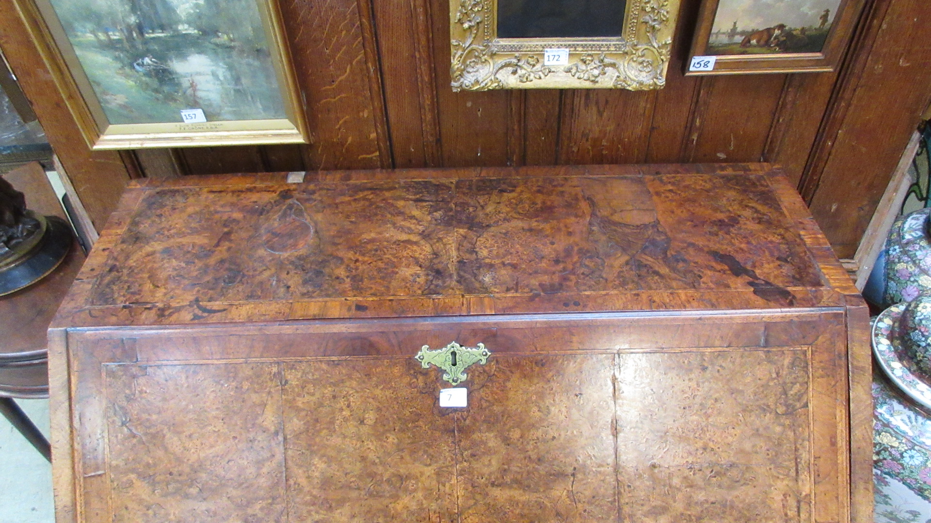 An early 18th century walnut herringbone line inlaid and crossbanded bureau, - Image 5 of 13