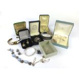 A mixed parcel of silver and metalware jewellery including a pair of micro mosaic earrings,
