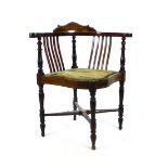 An Edwardian mahogany, ivorine and marquetry corner chair with turned back supports and legs. h.