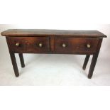 An early 18th century oak two drawer dresser base or part shop interior, on square section legs, h.