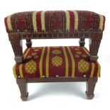 A pair of Edwardian walnut footstools with needlework upholstery and fluted detail to legs and