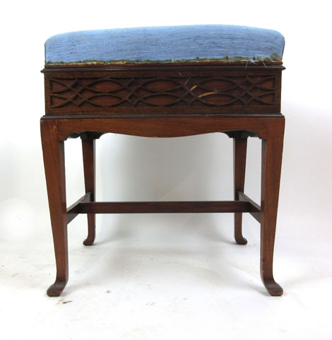 An early 20th century mahogany adjustable piano stool with blue fabric upholstered seat over blind - Image 2 of 2