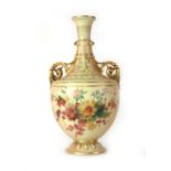 A Royal Worcester vase, the twin handles over a bulbous body,