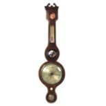 A 19th century banjo barometer with silvered weather dial, convex mirror and thermometer,