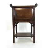 An early 20th century walnut pot cupboard in the Chinese style, h. 61 cm, w.41 cm, d.