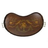 An Edwardian mahogany and marquetry kidney shaped tray with an undulating gallery and brass handles,