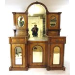 A Victorian inlaid walnut chiffonier with beveled mirror back and doors, h. 204 cm, w. 150 cm, d.