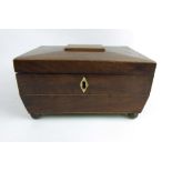 A Regency mahogany and boxwood strung sarcophagus form jewelry box with purple fabric lined