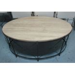 LOW TABLE, patinated metal framed with oval travertine marble top, 51cm H x 127cm W x 80cm D.