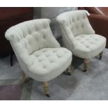 BEDROOM CHAIRS, a pair, upholstered natural linen button back, on turned supports,
