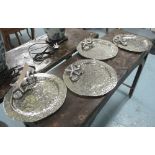 SERVING PLATTERS, a set of four, plated silvered metal with seashore design, 34cm diam.