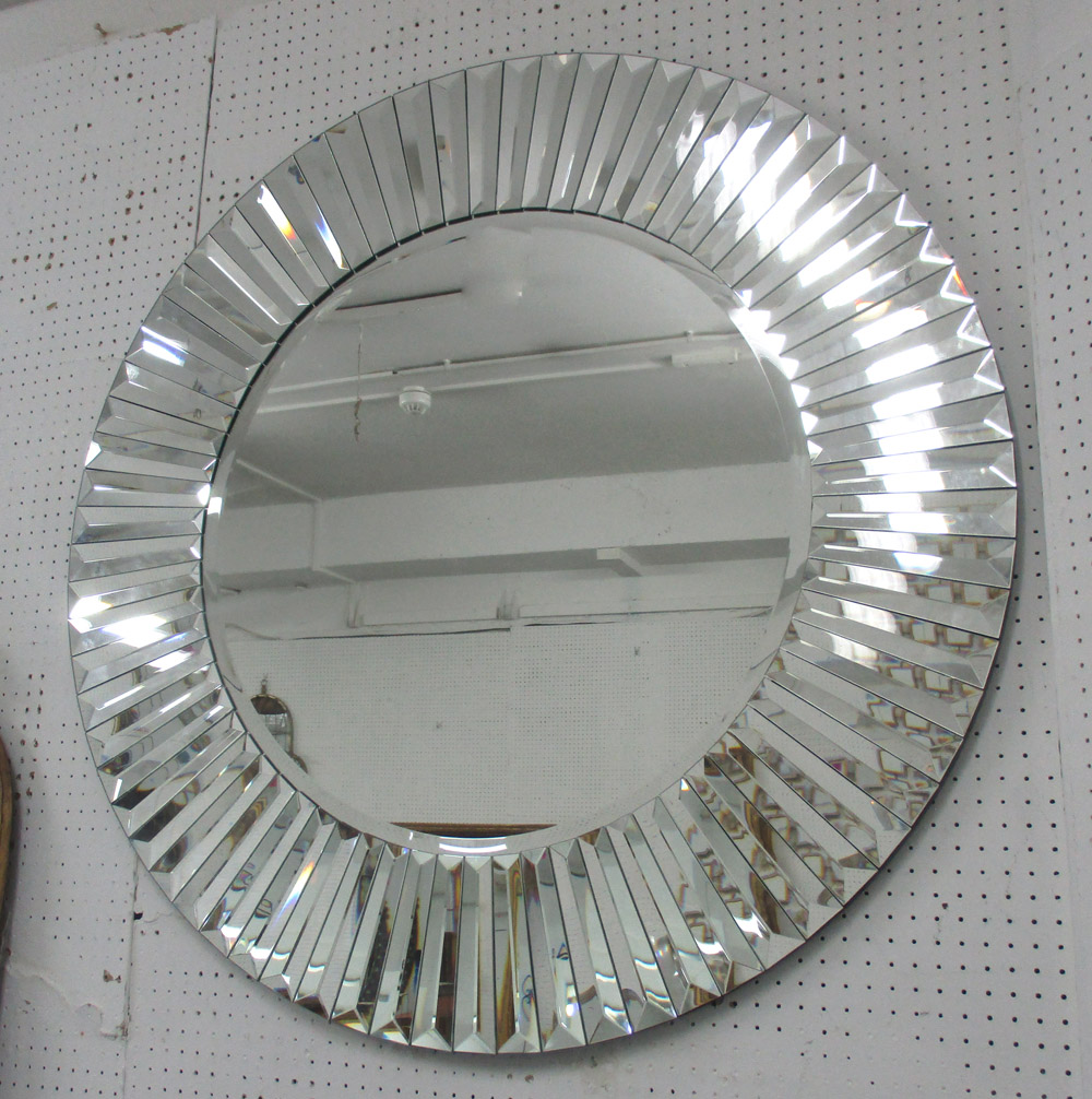 CIRCULAR MIRROR, contemporary design feathered mirrored border, 102cm diam.