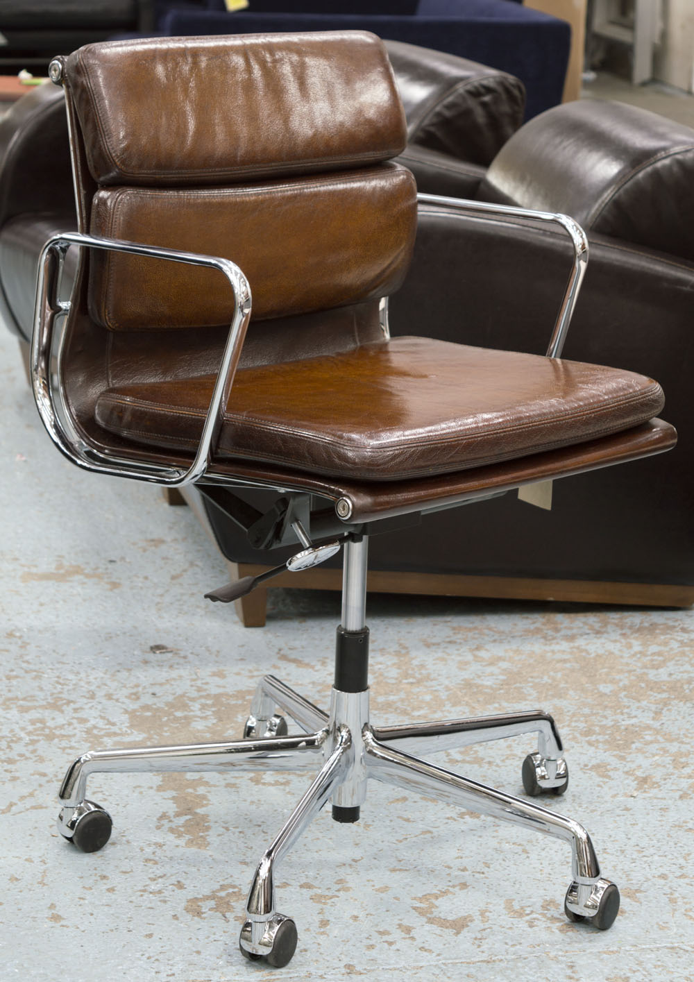 VITRA REVOLVING DESK CHAIR, Charles Eames design, padded brown leather,