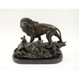 BRONZE SCULPTURE, study of lion, lioness and cubs, marble base, 35cm L x 29cm H overall.