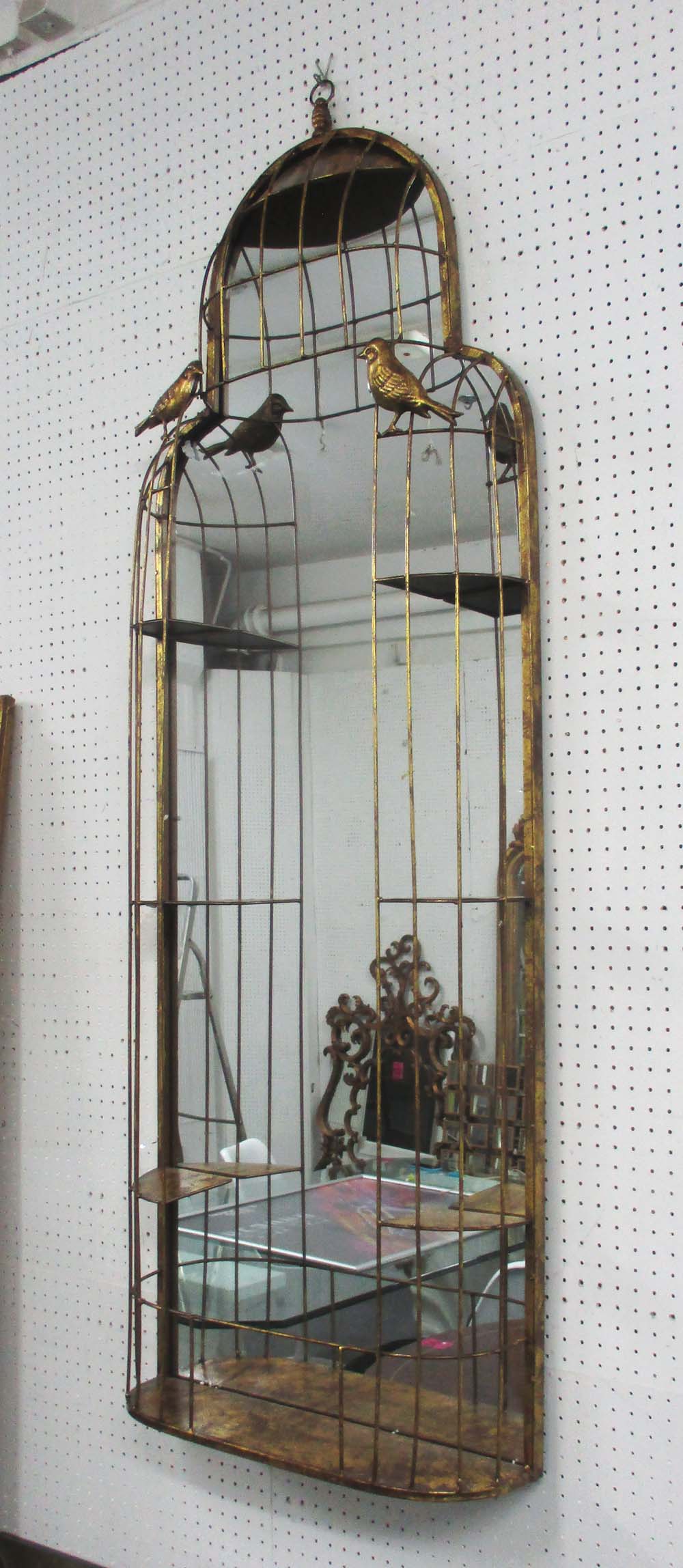 WALL MIRROR, gilt decorative birdcage frame, 145cm H x 54cm W.