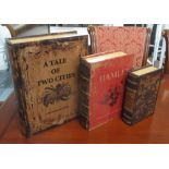 WOODEN STORAGE BOOKS, a set of three, famous old book designs, authors Charles Dickens etc,
