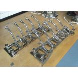 COAT HOOKS, Art Deco design, wall mounted, chrome with five hooks, 58cm W x 28cm H.