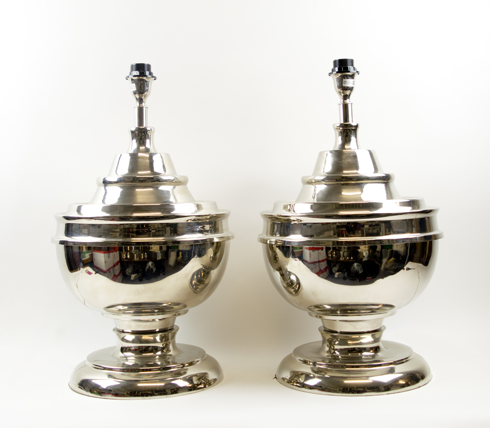 TABLE LAMPS, a pair, of large polished chrome urn form.