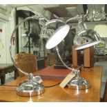 DESK LAMPS, a pair, crescent arm supporting chrome shades, 50cm H.
