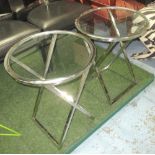 OCCASIONAL TABLES, a pair, chrome circular cross frame bases, drop in glass tops,