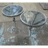 LAMP TABLES, a pair, having round mirrored tops with pierced metal frieze on column support,