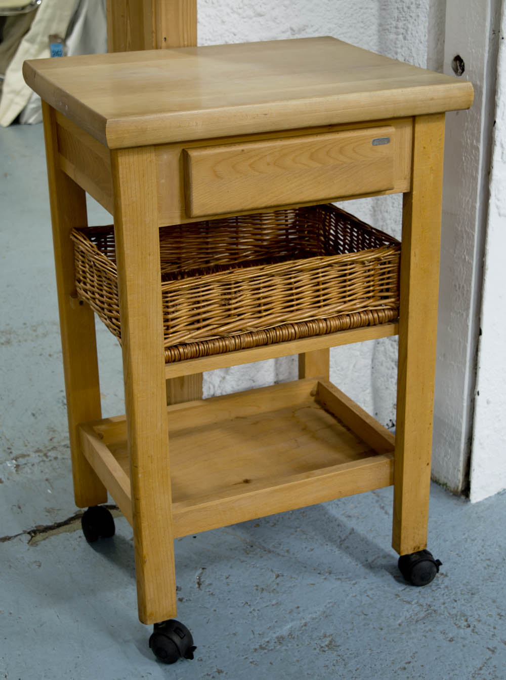 KITCHEN WORK TABLE, square beech with drawer and basket, undertier and castors by Batier,