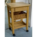 KITCHEN WORK TABLE, square beech with drawer and basket, undertier and castors by Batier,