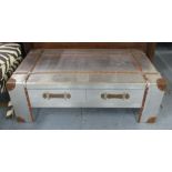 LOW TABLE, four drawer Aviation style aluminium and leather, 120cm x 70cm x 41cm H.