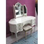 DRESSING TABLE, kidney shaped, triptych mirror above five drawers in white finish,