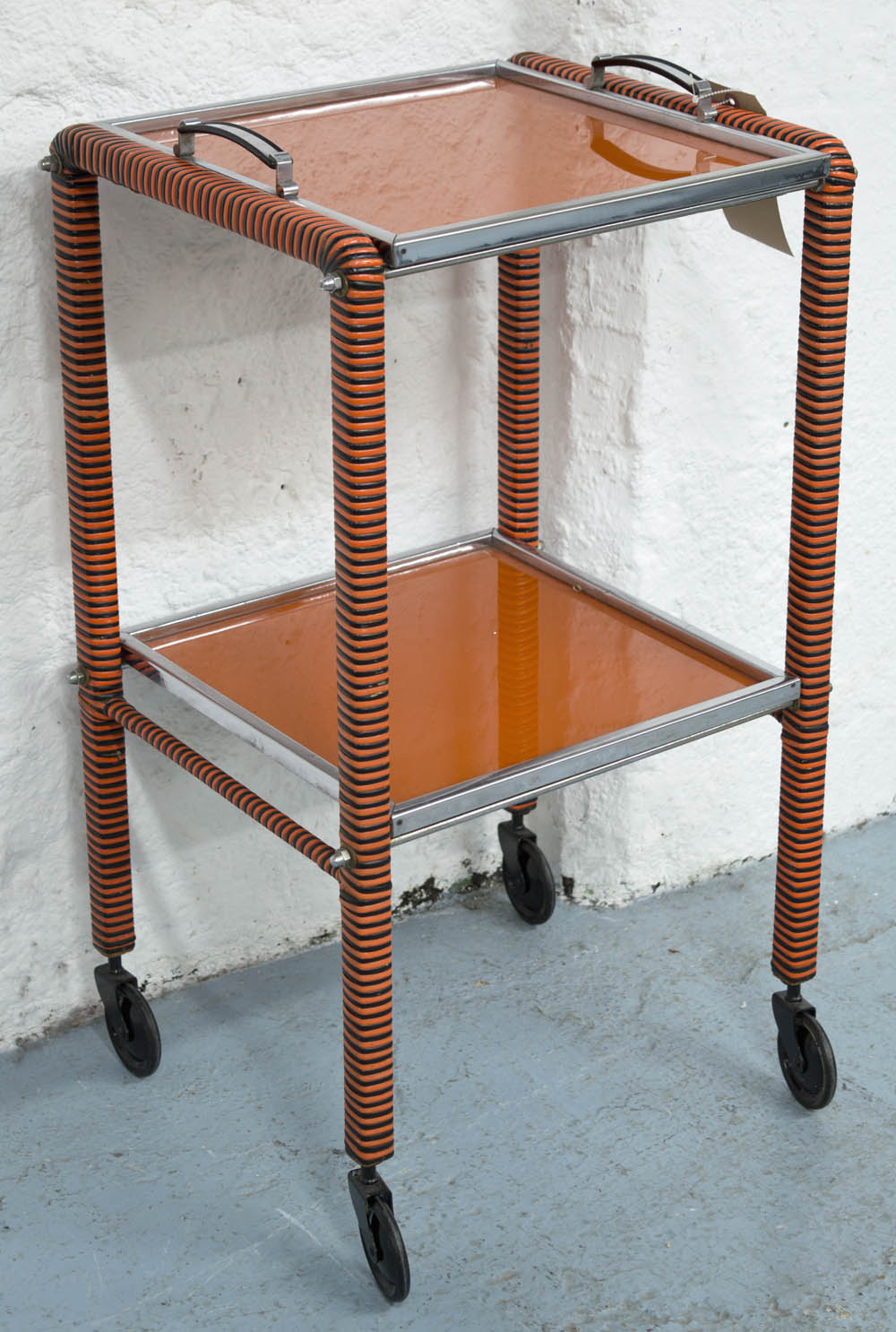 TRAY/SIDE TABLE, orange and black bound, with mirrored trays and handles, 45cm x 37cm x 75cm H.