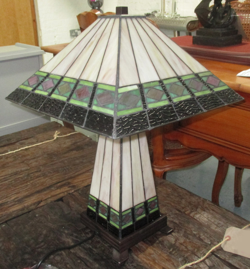 TIFFANY STYLE LAMP, green and white stained glass in the style of MacIntosh, 60cm H.