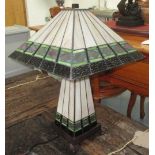 TIFFANY STYLE LAMP, green and white stained glass in the style of MacIntosh, 60cm H.