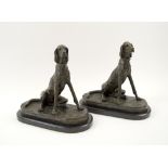 BRONZE HOUND SCULPTURES, two identical seated studies, marble bases, each 26cm L x 24cm H.