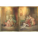 TAPESTRY STYLE PAINTINGS, a pair, depicting Aristocratic scenes, 150cm x 112cm each, framed.
