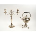 SILVER PLATED THREE-LIGHT CANDELABRUM, 39cm H and a silver plated kettle on stand, 34cm H overall.