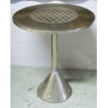 OCCASIONAL TABLE, circular embossed silvered metal with column support, 73cm H x 60cm D.